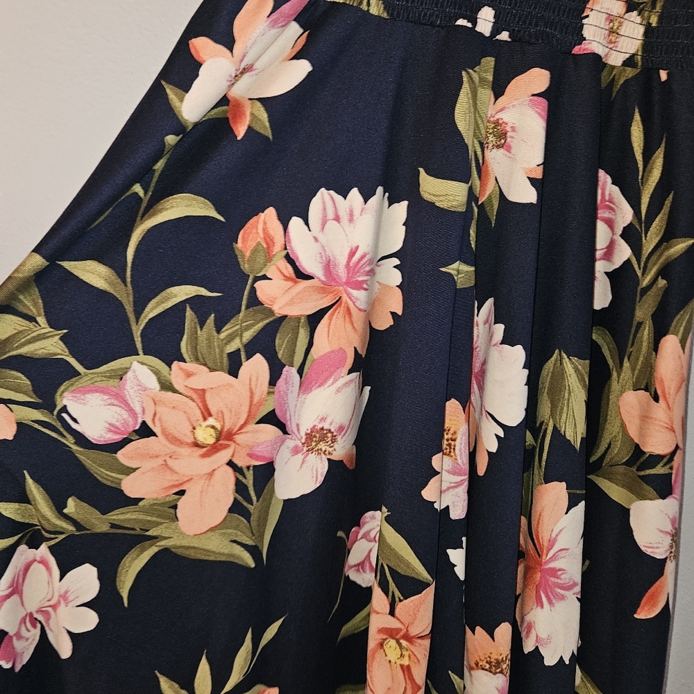 Floral Navy Blue Sleeveless Dress Size 18 Scarf Drape Hem - Picture 3 of 10
